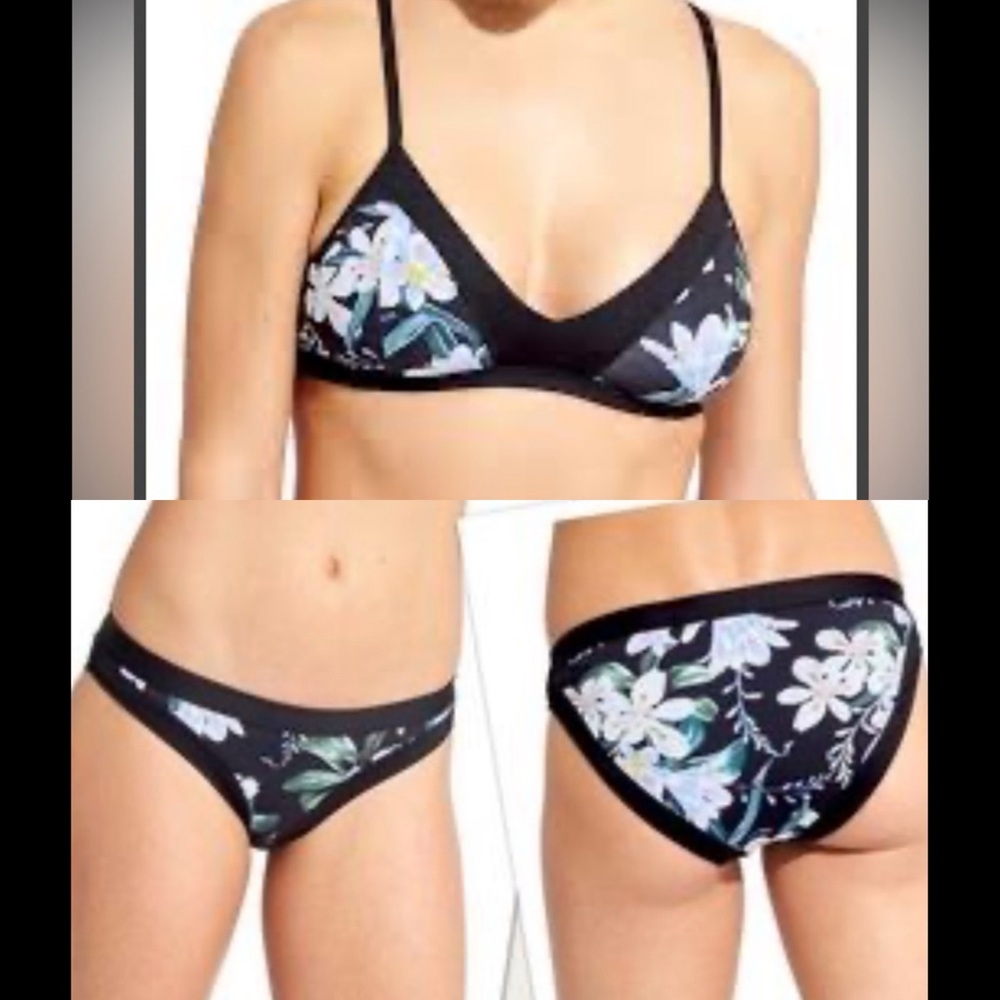 Athleta Paloma bikini set M/S black floral print full coverage bottoms